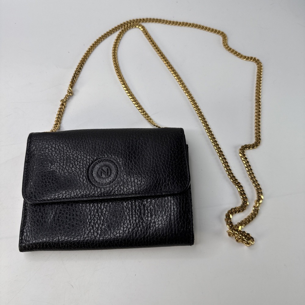 Albert Nipon black leather crossbody purse with gold chain strap small